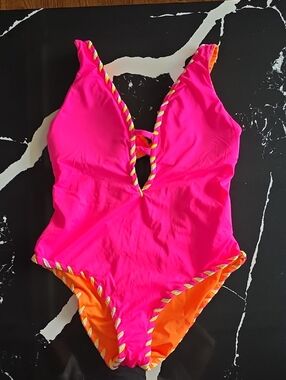 Neon Pink One-Piece Swimsuit with Orange Trim